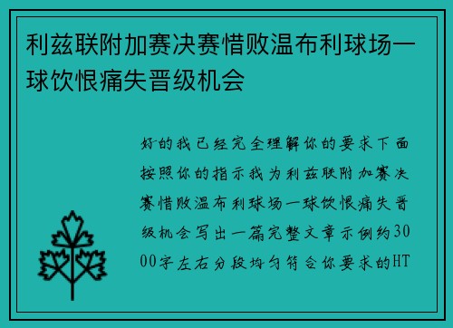 利兹联附加赛决赛惜败温布利球场一球饮恨痛失晋级机会